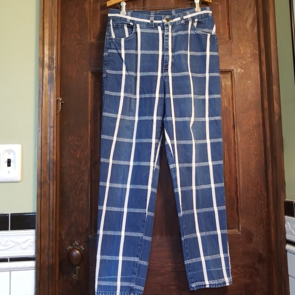 VINTAGE 70s PLAID HIGH WAISTED,NARROW ANKLE JEANS!